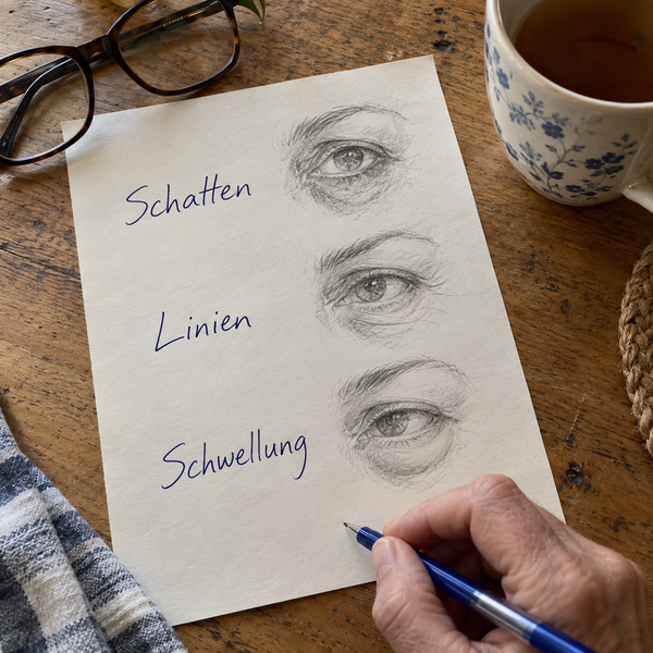 Illustration: Notizen mit drei Augenpartien für Schatten, Linien und Schwellung