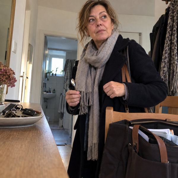 Illustrative Alltagsszene: eine Frau mit Tasche und Löffel an der Wohnungstür